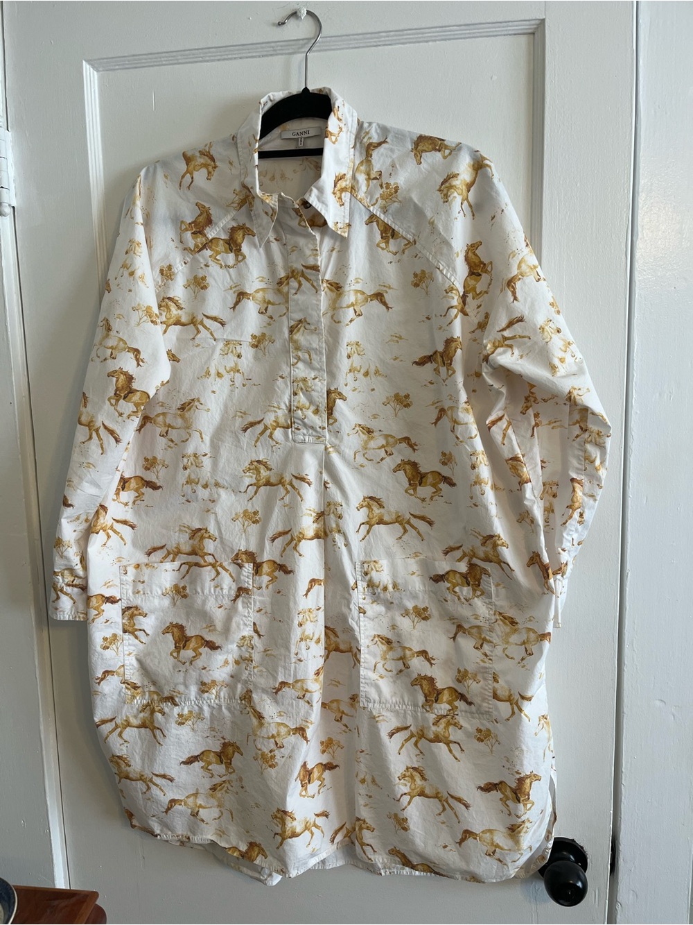 Ganni White Dress with Gold Horse Print made in India